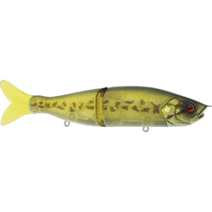 River2Sea S-Waver 168S Glide Bait in yellow-green with realistic fish pattern, segmented body, red eye, and flexible tail designed for fishing tackle and lure use.