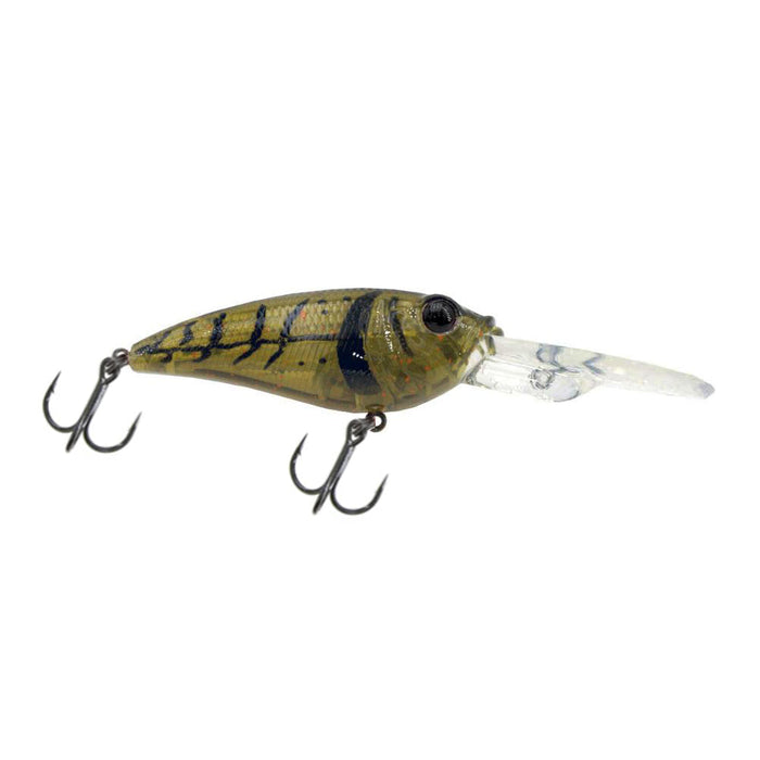 River2Sea Tactical DD Crank 75 fishing lure with a detailed green and black striped design, two treble hooks, and a clear diving lip for freshwater fishing.