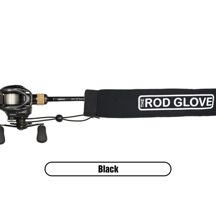 Fishing rod equipped with a black Rod Glove Tournament Neoprene - Casting cover, designed to protect the rod and reel during transport and storage.