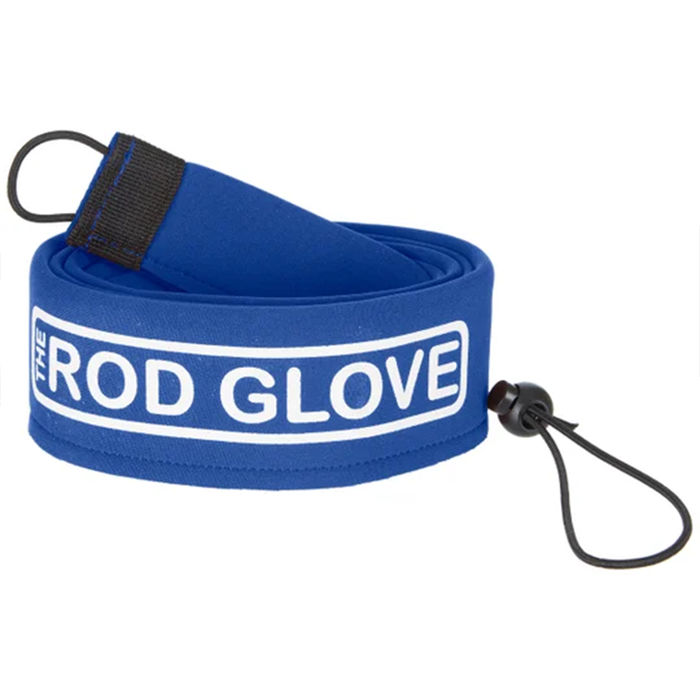 Blue neoprene fishing rod cover with black adjustable strap and loop, branded with white text reading Rod Glove Tournament Neoprene - Spinning for fishing tackle protection and storage.