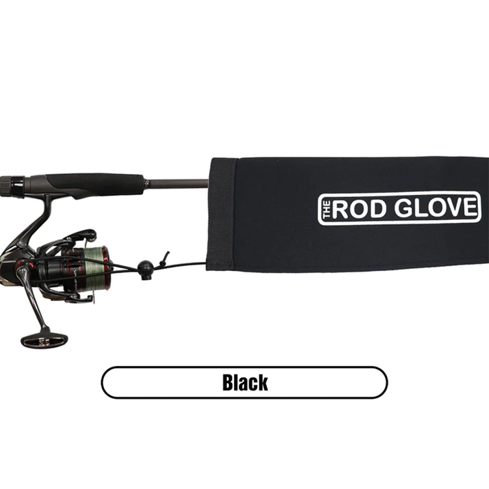 Black neoprene protective sleeve labeled "The Rod Glove" partially covering a spinning fishing rod and reel, designed to protect fishing tackle during transport.