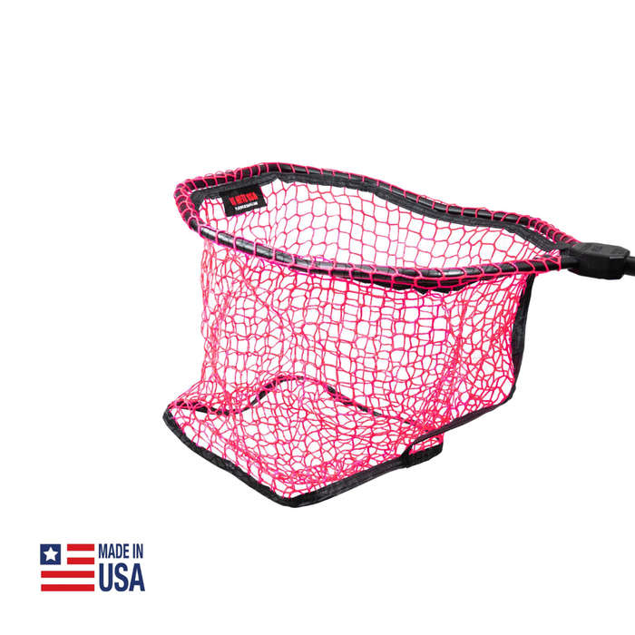 RS Nets Platinum Small Jaw Net features a durable black frame with a bright pink mesh net designed for easy catch and release, ideal for fishing tackle use.