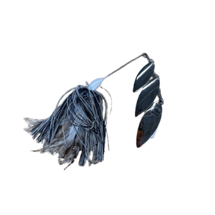 Ruff Tackle Rad Dog Triple Dog Spinnerbait featuring a black and blue skirt with three silver spinner blades designed for effective fishing lure action.