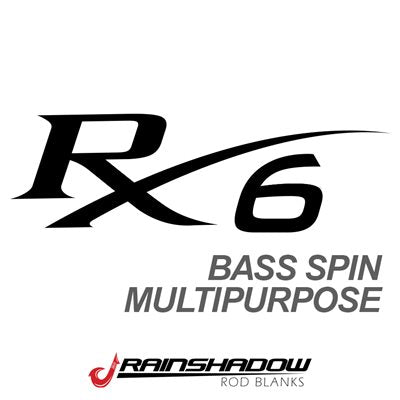 Logo design featuring "RX6" with the text "Bass Spin Multipurpose" and "Rainshadow Rod Blanks," representing a fishing rod blank product for versatile fishing applications.