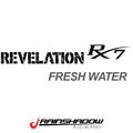 RX7 Rainshadow Revelation Rod Blanks logo featuring bold black text and a red fishing hook icon, highlighting freshwater fishing rod blanks for premium fishing tackle.