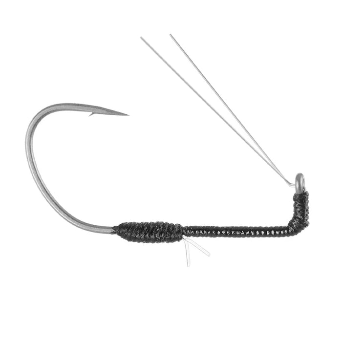 Ryugi Hover Shot FG Hook with a sharp curved metal hook and black thread-wrapped weighted shank designed for precise fishing tackle applications.