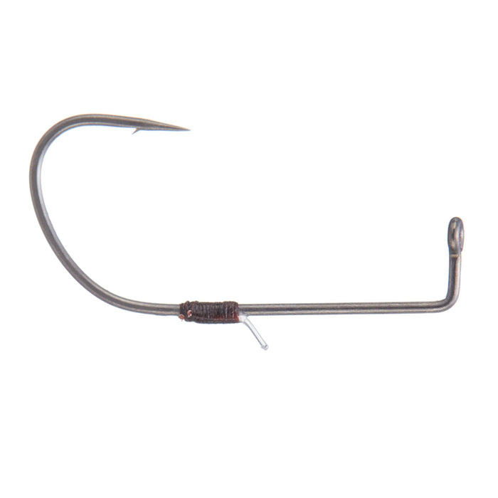 Ryugi Hover Shot Hook fishing hook featuring a sharp, curved point and a weighted shank with a small wire keeper for securing soft baits or lures.