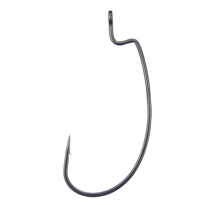 Ryugi Infini Brutal Offset Wide Gap Hook in dark metal with a sharp point, offset eye, and wide gap design for effective fishing tackle performance.