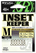 Packaging of Ryugi Inset Keeper showing six small metal worm keeper clips in medium size with detailed size specifications on front label for fishing tackle use.