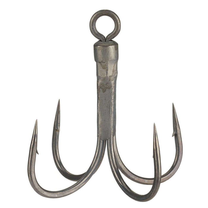 Close-up of a Ryugi Pierce Quad Swivel Eye Treble Hook made of metal with four sharp curved hooks attached to a central swivel eye, designed for fishing tackle use.