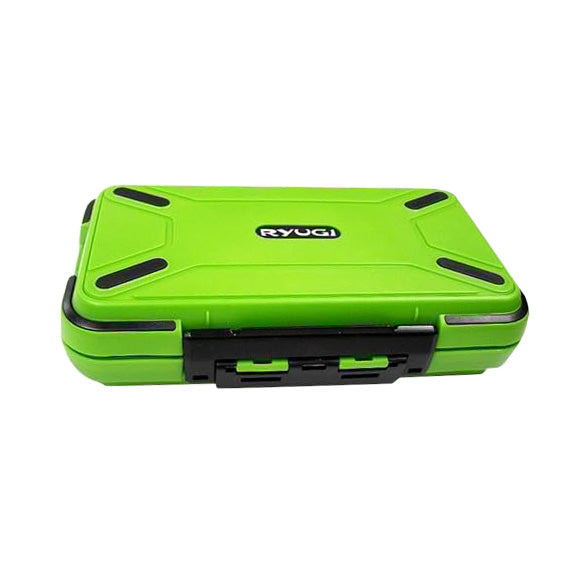 Green hard plastic Ryugi R-Tank Case with black reinforced corners and a secure black latch, designed for storing fishing tackle and accessories.