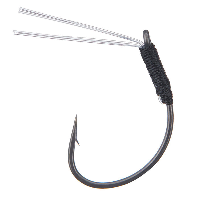 Ryugi Regular Guard Talisman Weedless Wacky/Neko Hook featuring a curved black hook with a sturdy weed guard made of multiple thin wire bristles and tightly wrapped black thread at the base.