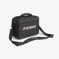 Compact black carrying case with padded shoulder strap and sturdy handle, featuring the Sage logo, designed for organized storage of fishing reels labeled Sage Ballistic Reel Brief.