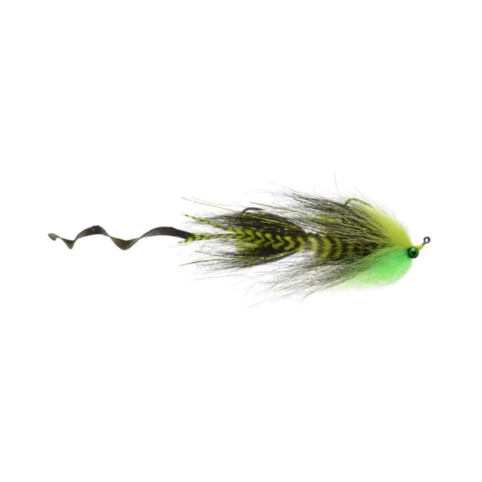 Satkowski's Devil's Tail #3/0 fishing lure with vibrant green and black feathered body and a distinctive twisted tail designed for musky fishing tackle.