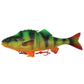 Savage Gear 4D Yellow Perch fishing lure with realistic segmented body in green, yellow, and orange hues, designed for effective fishing tackle use.