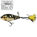 Savage Gear Sucker Prop fishing lure with lifelike fish pattern, jointed body, metal propeller, and feathered treble hook for attracting musky and other game fish.