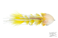 Schultzy's OG Leggy Boi Changer fishing lure featuring yellow feathers, spotted accents, and a soft beige head, designed for musky and fly fishing tackle.