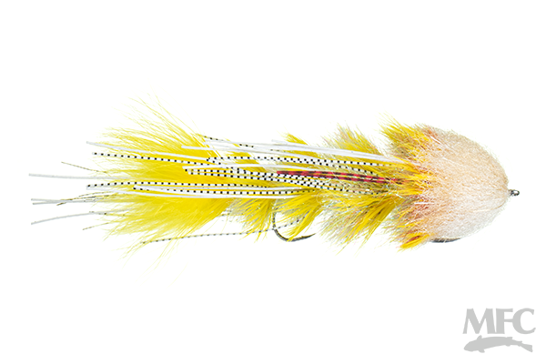 Schultzy's OG Leggy Boi Changer fishing lure featuring yellow feathers, spotted accents, and a soft beige head, designed for musky and fly fishing tackle.