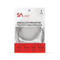 Packaging of Scientific Anglers Absolute Predator Toothy Fish Stealth Leader showing a coiled clear fishing leader with specifications for length and strength in red and white design.