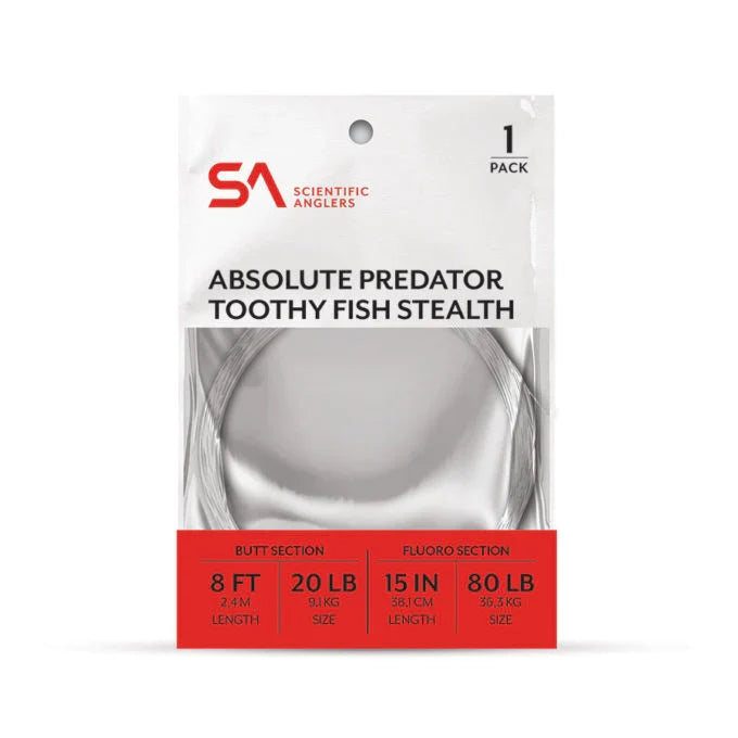 Packaging of Scientific Anglers Absolute Predator Toothy Fish Stealth Leader showing a coiled clear fishing leader with specifications for length and strength in red and white design.