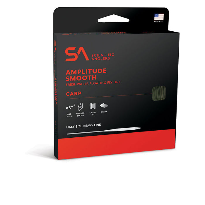 Scientific Anglers Amplitude Smooth Carp freshwater floating fly line in black and red packaging designed for heavy line fishing tackle with welded loops and camo color.