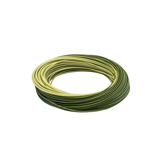 Coiled fly fishing line in shades of green and yellow designed for smooth casting, identified as Scientific Anglers Amplitude Smooth Carp for fishing tackle use.