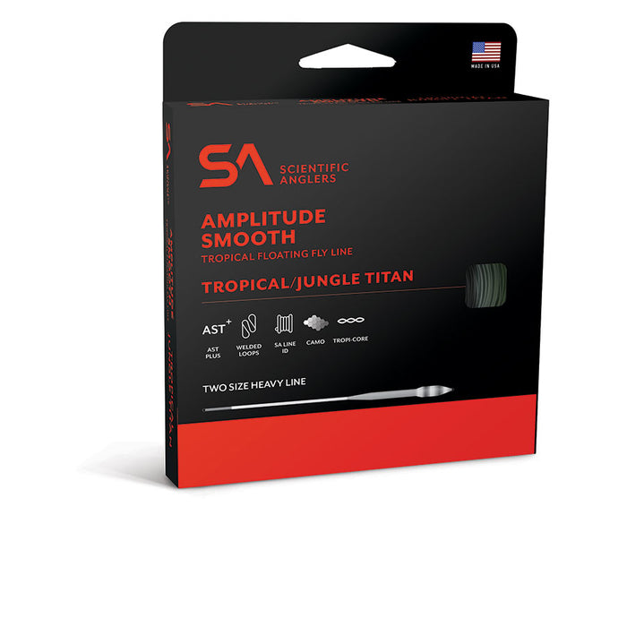 Packaging of Scientific Anglers Amplitude Smooth Tropical/Jungle Titan fly line showing product features and branding in black and red design with a spool of green line visible through a cutout.