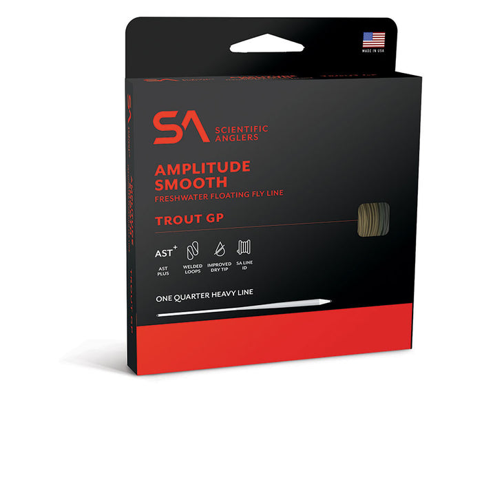 Scientific Anglers Amplitude Smooth Trout GP freshwater floating fly line in black and red packaging designed for fishing rods and reels, featuring advanced loop and line technology.