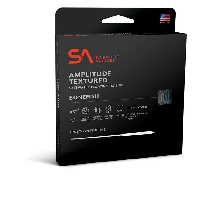 Scientific Anglers Amplitude Textured Bonefish Fly Line packaging showing a black box with orange and white text highlighting features for saltwater fishing tackle and fly fishing gear.