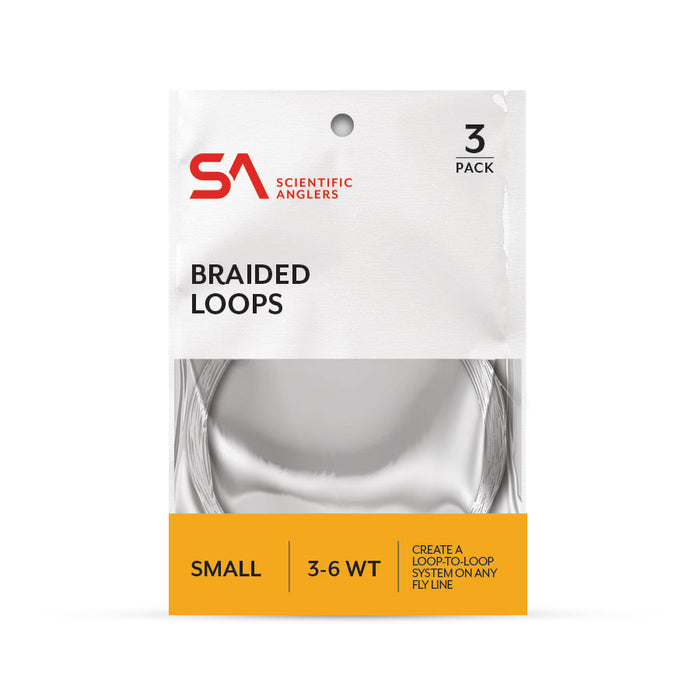 Package of three Scientific Anglers Braided Loops in small size for 3-6 weight fly lines, designed to create a loop-to-loop system for fishing tackle use.