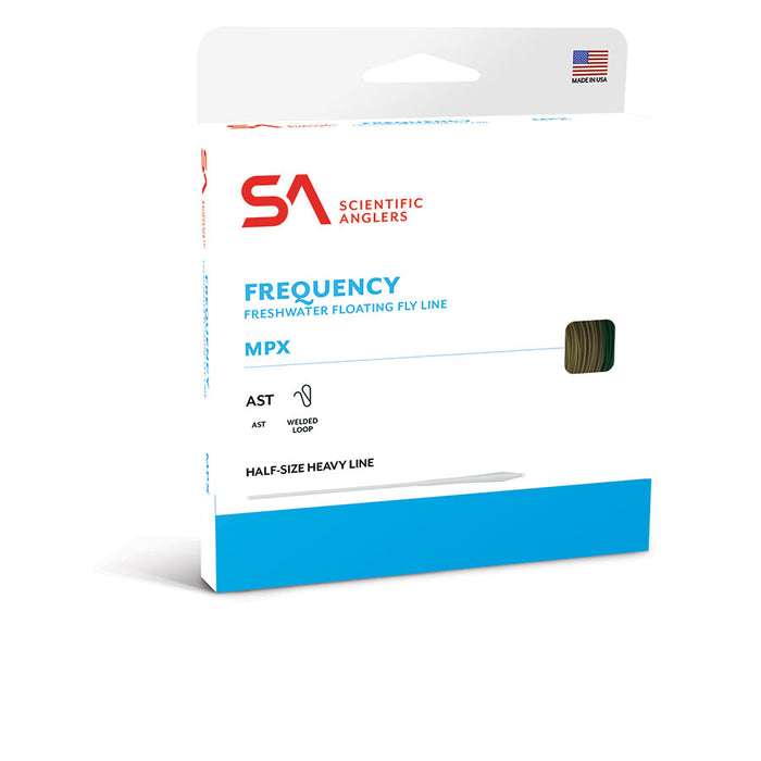 Scientific Anglers Frequency MPX freshwater floating fly line packaging showing brand logo, product details, and an image of the heavy fishing line spool.