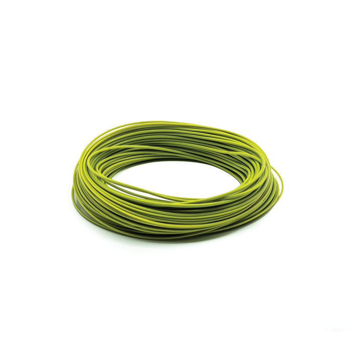 Coiled bright green fly fishing line, representing the Scientific Anglers Frequency MPX designed for precise casting and smooth performance in fishing tackle.