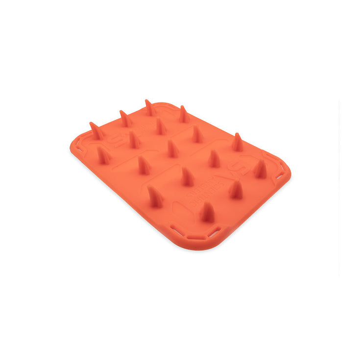 Orange molded fishing accessory with multiple raised pegs designed for securing tools and tackle, shown as Scientific Anglers Launch Pad Drift for organizing fishing gear.