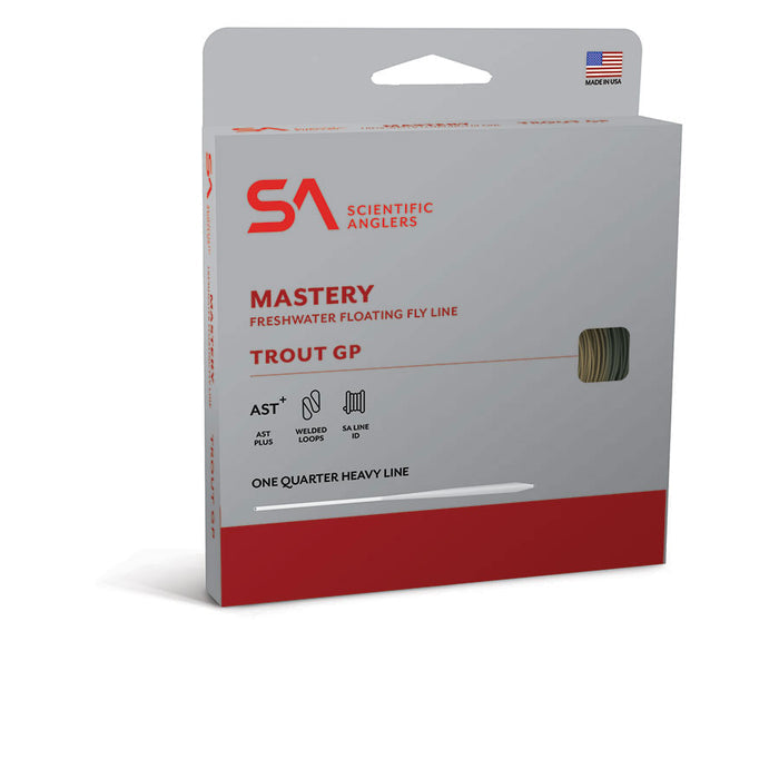 Packaging of Scientific Anglers Mastery Trout GP freshwater floating fly line with red and gray design, showing product branding and specification details for fishing tackle.