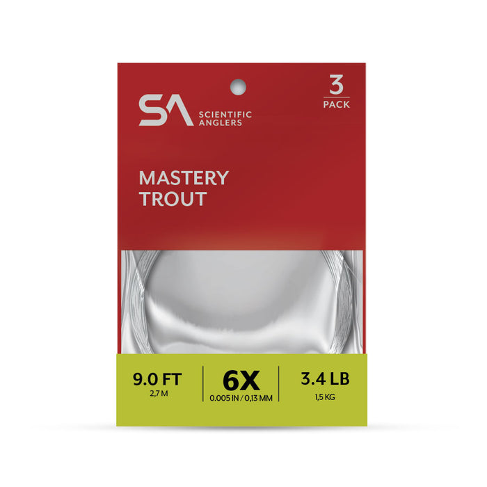 Scientific Anglers Mastery Trout Leader 3 Pack in red and yellow packaging, featuring clear fishing leader lines suitable for trout fishing with 9-foot length and 3.4-pound test strength.