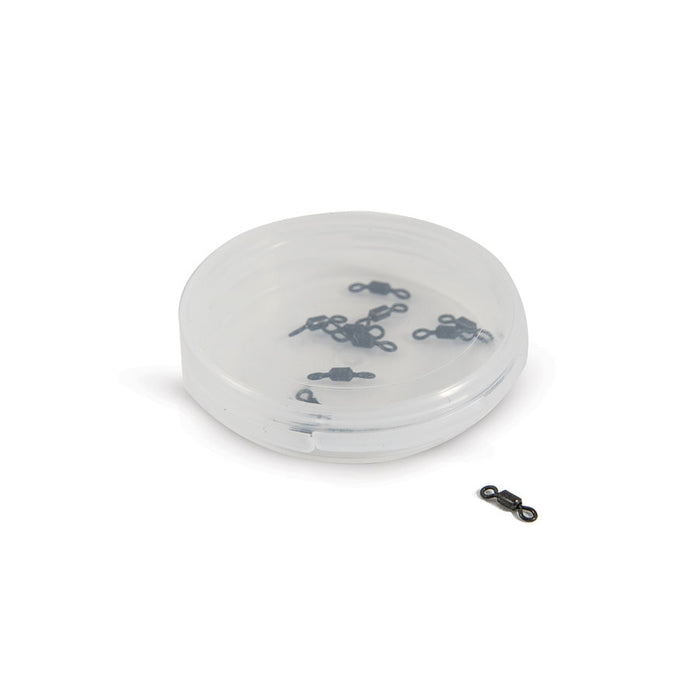 Scientific Anglers Micro Swivels displayed inside a clear round container with one swivel placed outside, used for fishing tackle to reduce line twisting.