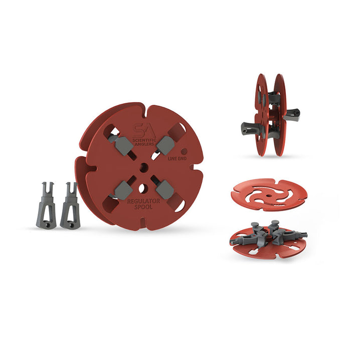 Scientific Anglers Regulator Spool red fly fishing line spool shown with removable components and assembled views for organized fishing tackle management
