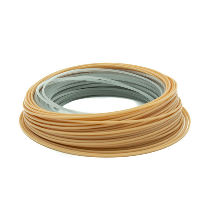 Coiled fly fishing line in tan and light grey colors designed for use with the Scientific Anglers Sonar Titan GT, ideal for musky and fly fishing tackle.