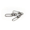 Three metal Scientific Anglers Stay-Lok Snaps designed for fishing tackle, shown close-up on a white background highlighting their clasp mechanism and durable construction.