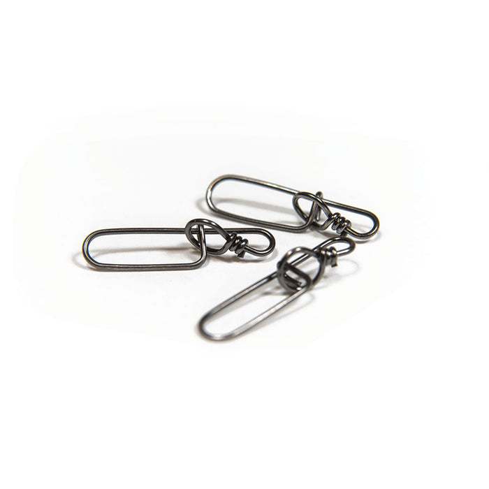 Three metal Scientific Anglers Stay-Lok Snaps designed for fishing tackle, shown close-up on a white background highlighting their clasp mechanism and durable construction.