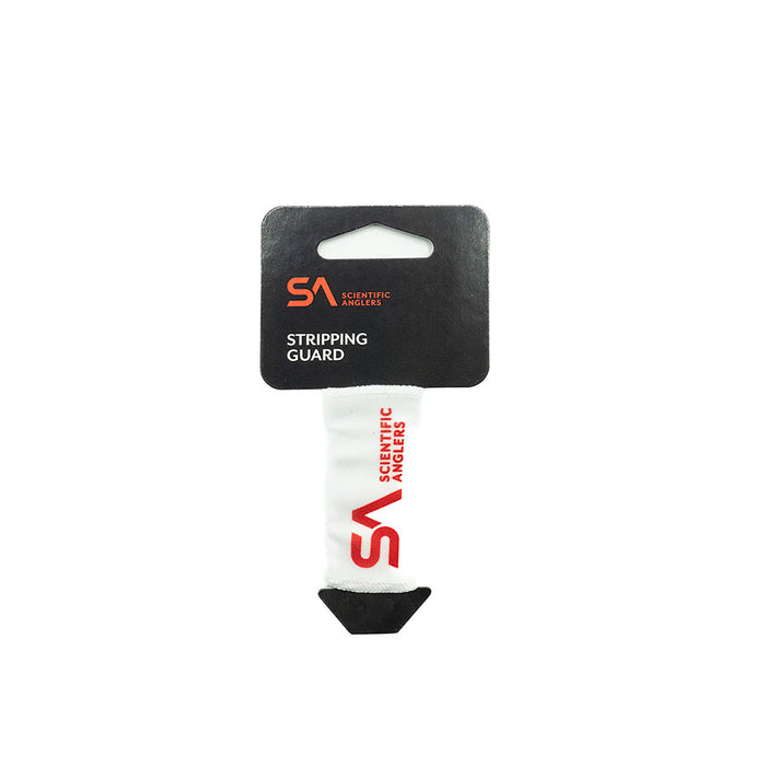Scientific Anglers Stripping Gaurd in white with red logo, packaged on black card, designed to protect fishing line and fingers while casting or stripping line.