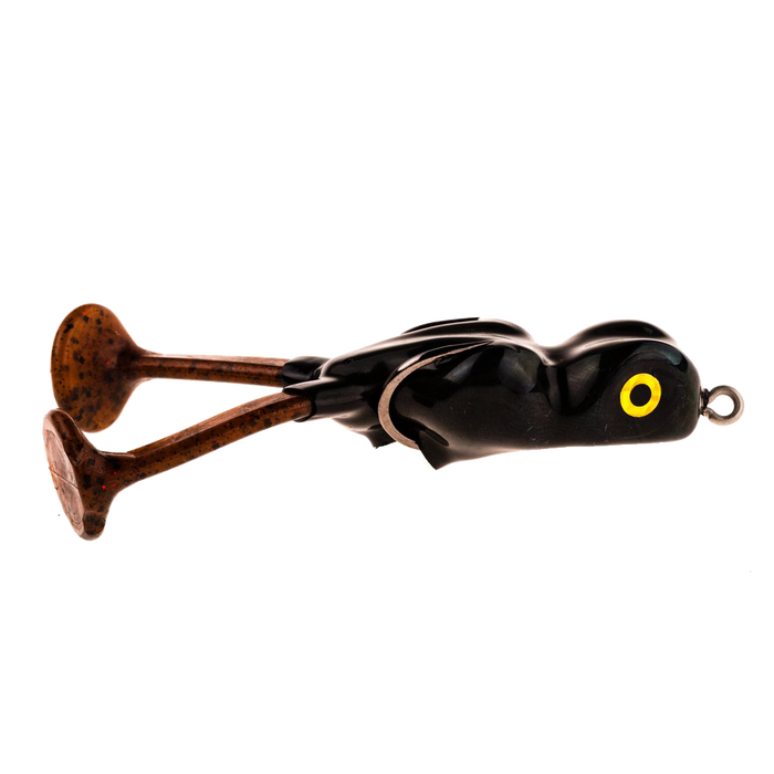 Scum Frog Little Big Foot fishing lure designed to mimic a frog with a black body, yellow eyes, and textured brown legs for effective musky and freshwater fishing tackle.