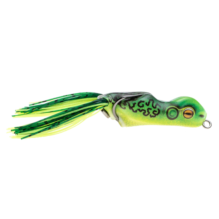 Scum Frog Trophy Printed Series fishing lure designed to resemble a green frog with black markings and yellow-green skirted tail for musky fishing tackle.