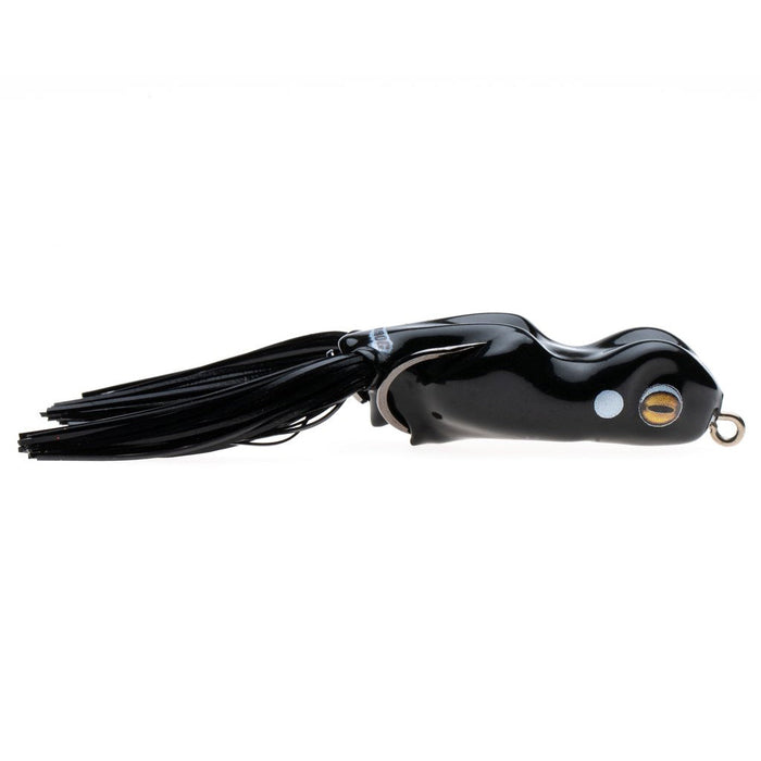 Black glossy frog-shaped fishing lure with realistic yellow eyes and flexible skirt tail, designed for musky fishing, Scum Frog Trophy Printed Series.