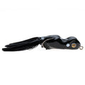 Black glossy frog-shaped fishing lure with realistic yellow eyes and flexible skirt tail, designed for musky fishing, Scum Frog Trophy Printed Series.