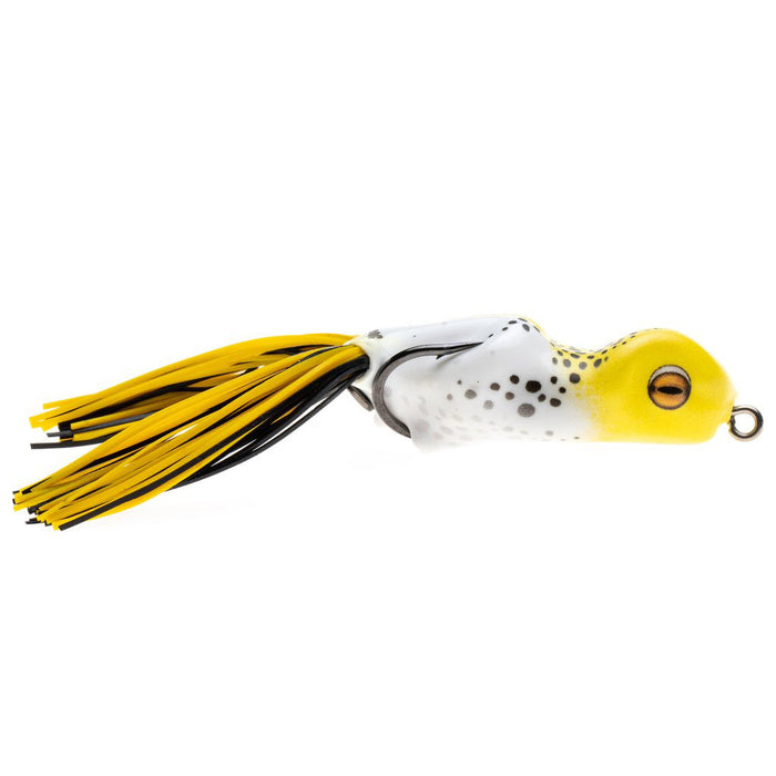 Scum Frog Trophy Printed Series fishing lure featuring a white and yellow frog design with black spots and yellow-black skirted tail for musky fishing tackle.