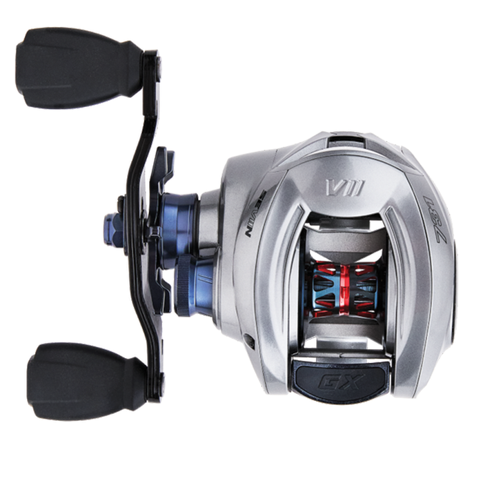 Fishing reel with metallic finish and black handles on a white background