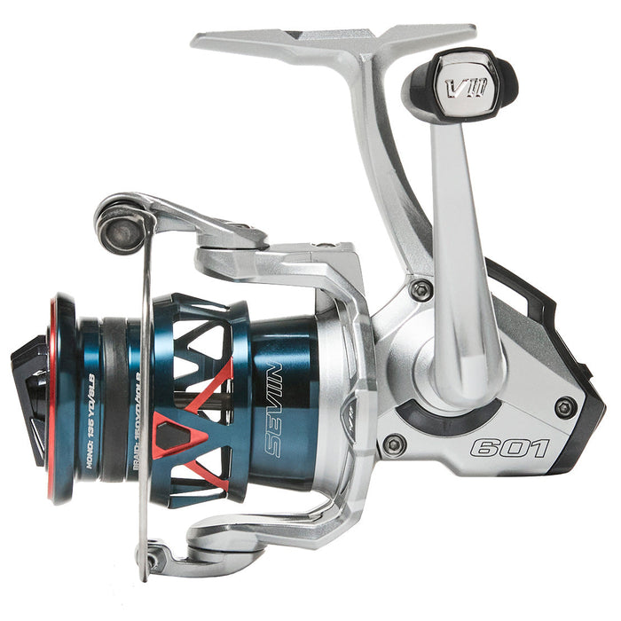 Seviin GX Series Spinning Reel in metallic silver and blue with red accents, featuring ergonomic handle and spool, designed for smooth fishing tackle performance.