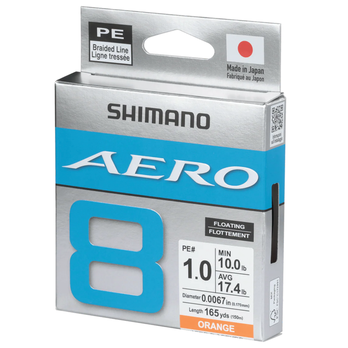 Shimano Aero 8 PE braided fishing line in orange, featuring 1.0 PE rating, 10 lb minimum strength, 17.4 lb average strength, and 165 yards length for precision fishing tackle.