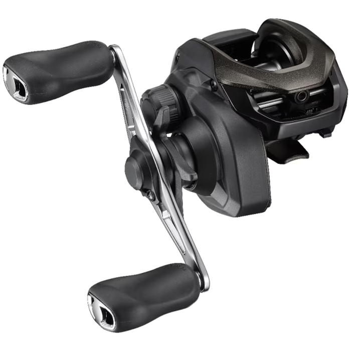 Black and silver Shimano Caius C baitcasting fishing reel with ergonomic double paddle handles designed for smooth casting and retrieval in fishing tackle setups.